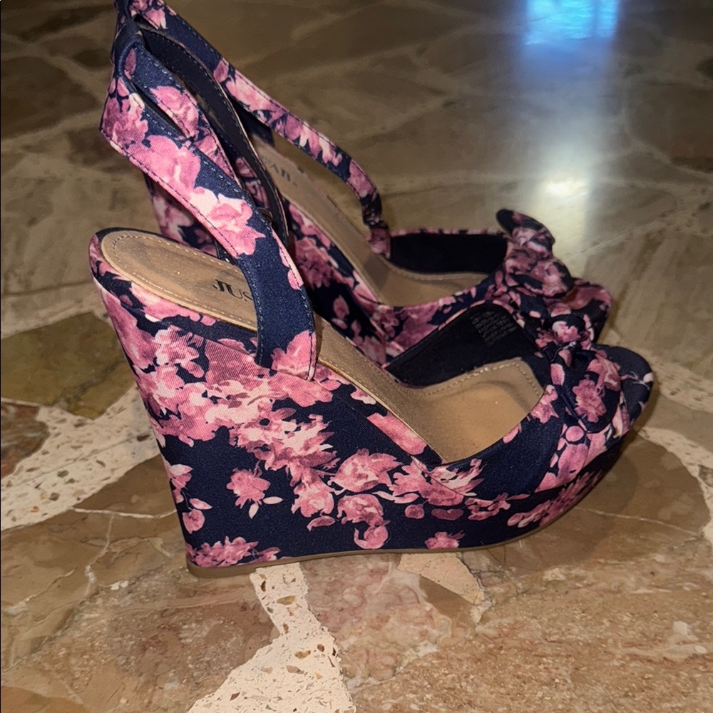 JustFab Pink and Blue Floral Wedges with Ankle Strap